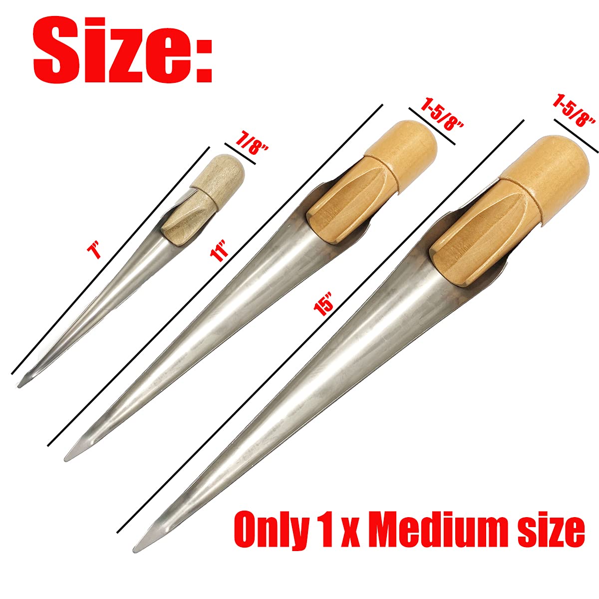 Marine Rope Splicing Spike FID with Wood Handle, Swedish Style, 304 Stainless Steel, Large 1" and up, 1 Pcs